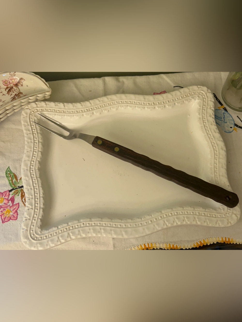 Vintage Granny Carving Fork with Wooden Handle 14 inches